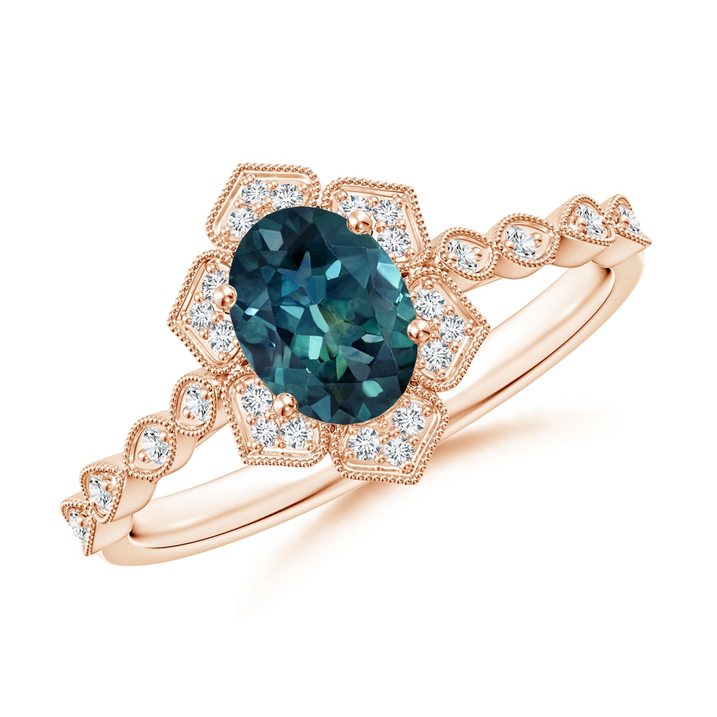 7x5mm AAA Oval Teal Montana Sapphire Trillium Floral Shank Ring in Rose Gold