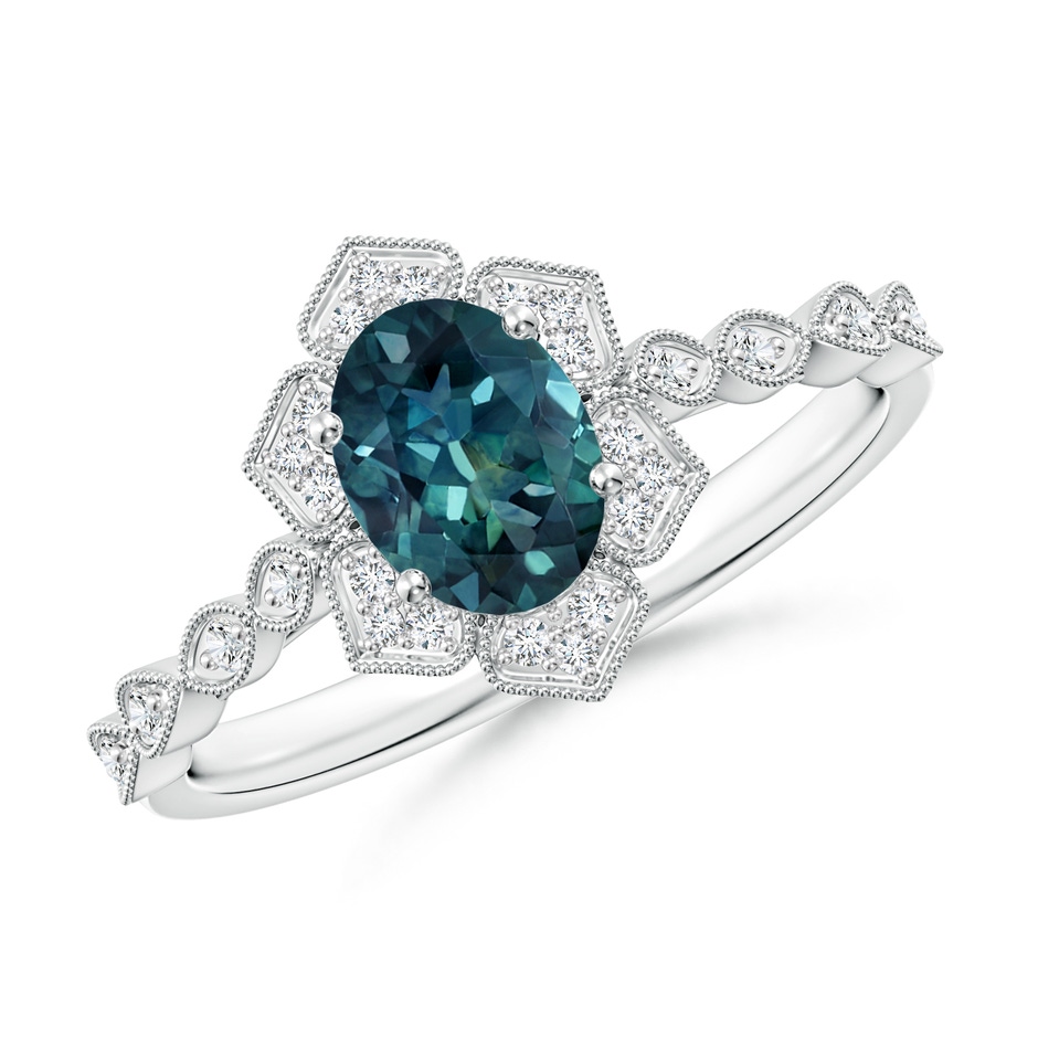 7x5mm AAA Oval Teal Montana Sapphire Trillium Floral Shank Ring in White Gold 