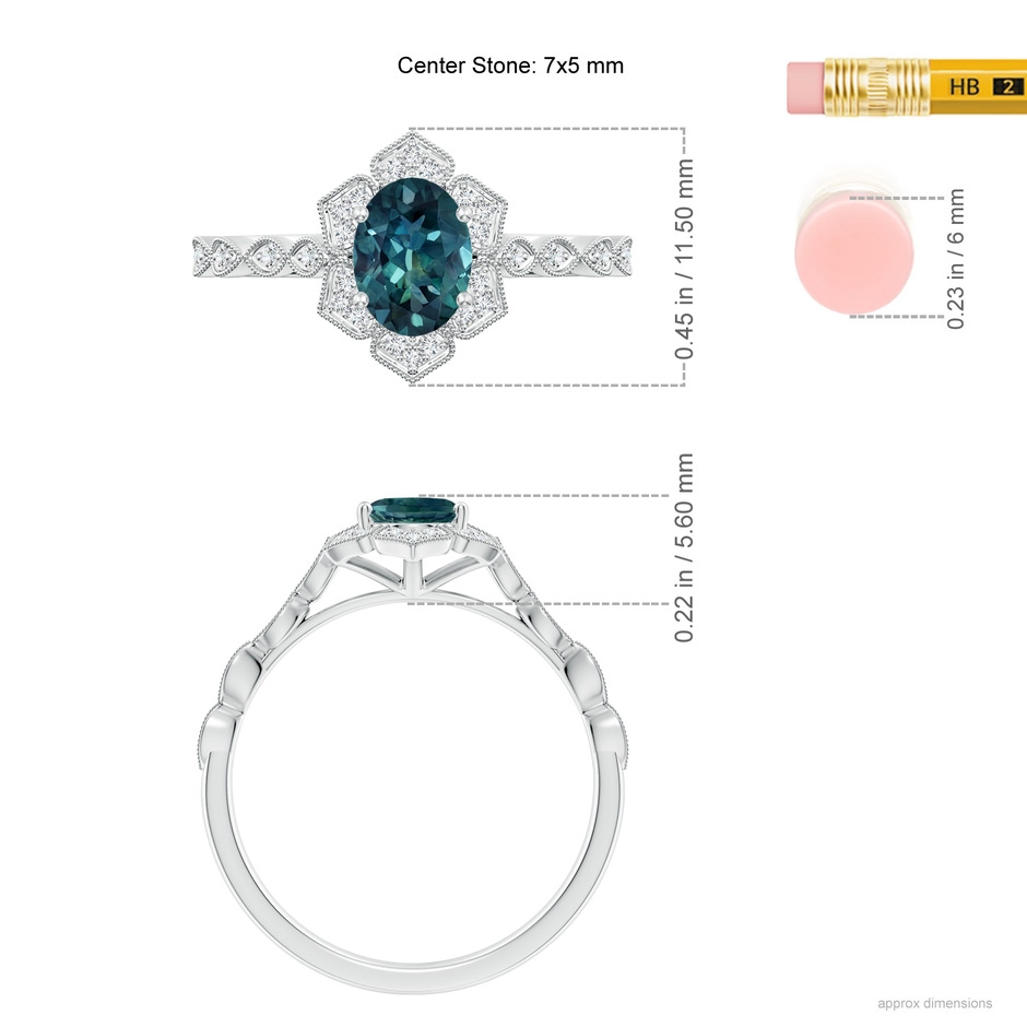 7x5mm AAA Oval Teal Montana Sapphire Trillium Floral Shank Ring in White Gold ruler