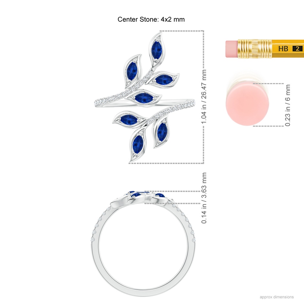 4x2mm AAAA Marquise Sapphire Olive Leaf Ring in White Gold Ruler