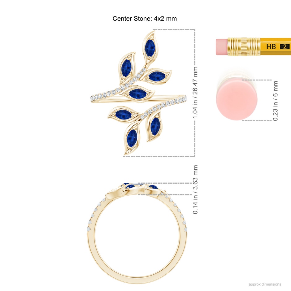 4x2mm AAAA Marquise Sapphire Olive Leaf Ring in Yellow Gold ruler