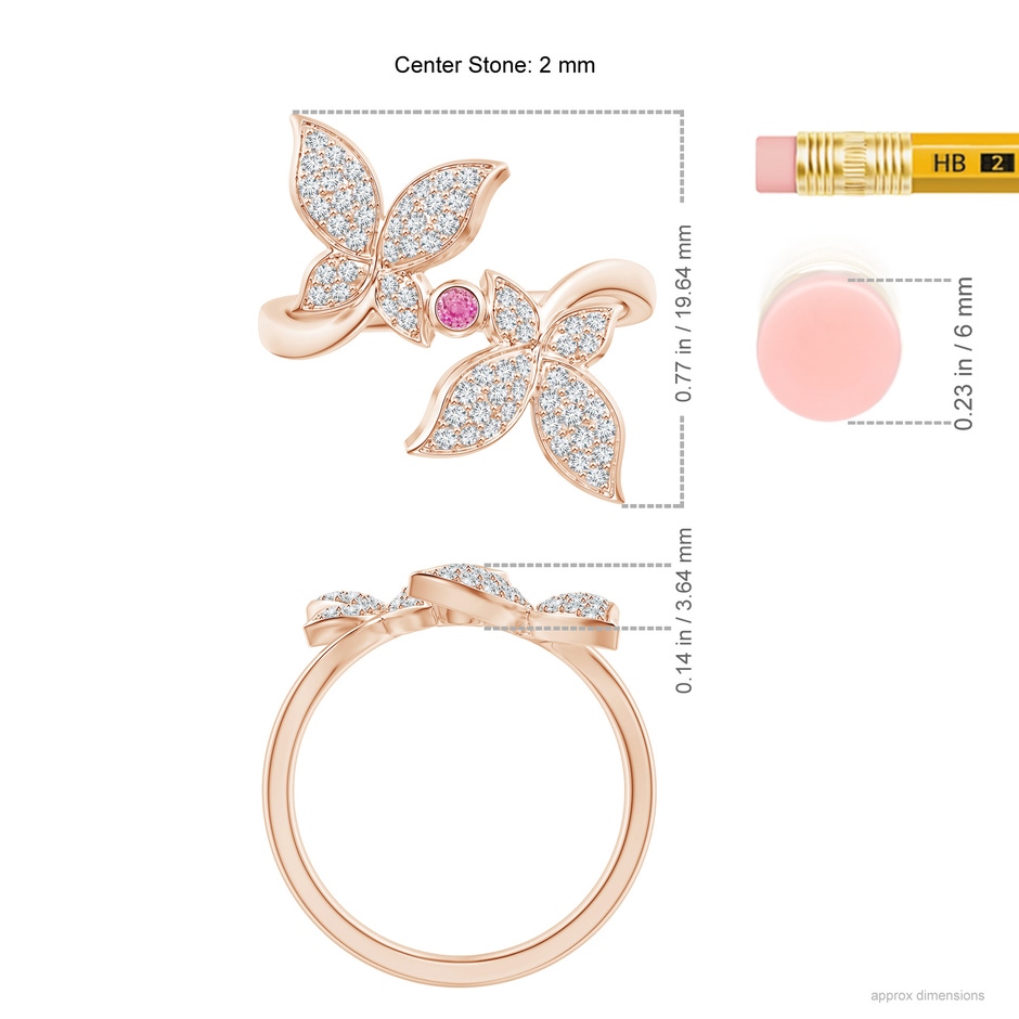 2mm AA Pink Sapphire and Diamond Double Butterfly Ring in Rose Gold ruler