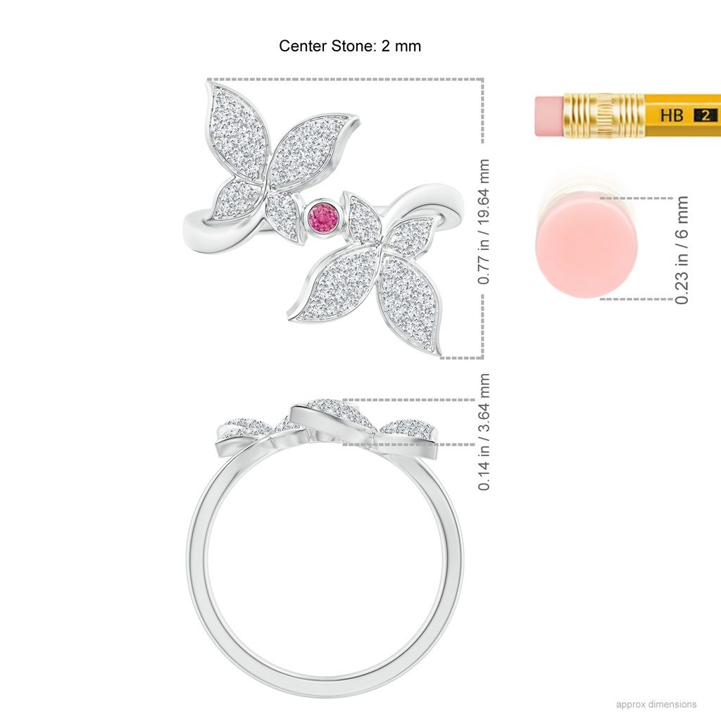 2mm AAA Pink Sapphire and Diamond Double Butterfly Ring in White Gold Ruler