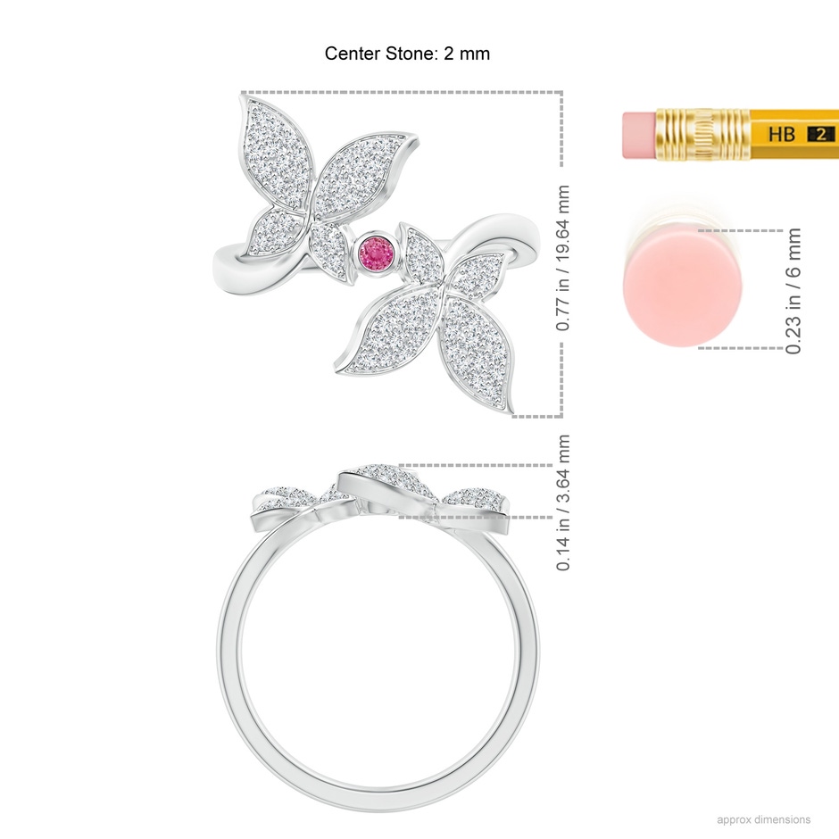 2mm AAA Pink Sapphire and Diamond Double Butterfly Ring in White Gold ruler