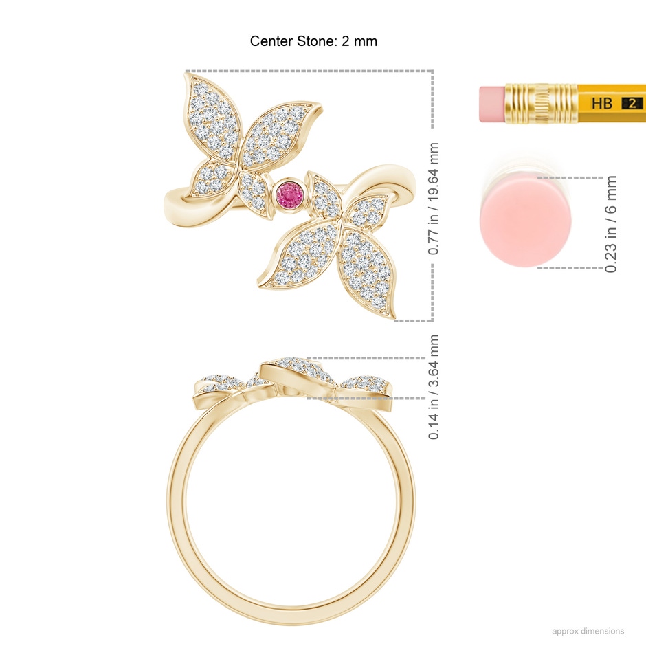 2mm AAA Pink Sapphire and Diamond Double Butterfly Ring in Yellow Gold ruler