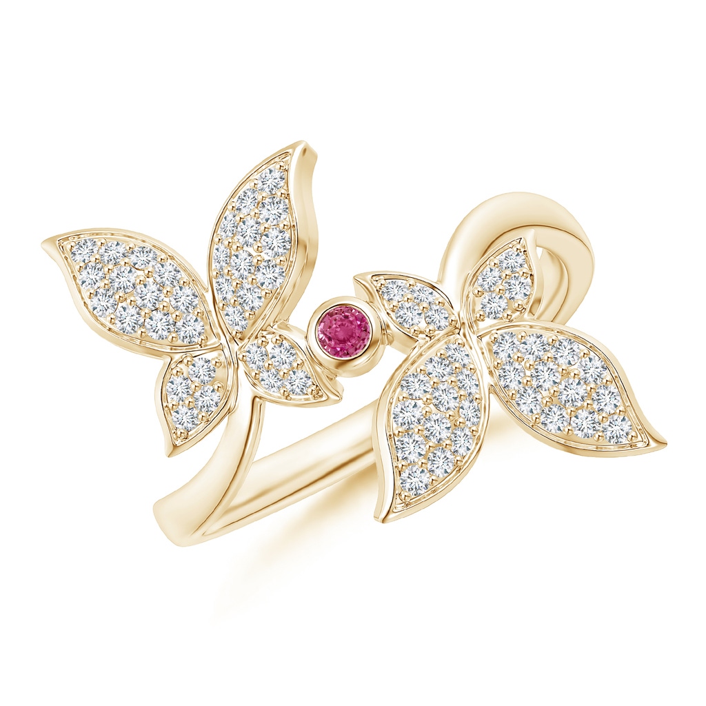 2mm AAAA Pink Sapphire and Diamond Double Butterfly Ring in Yellow Gold