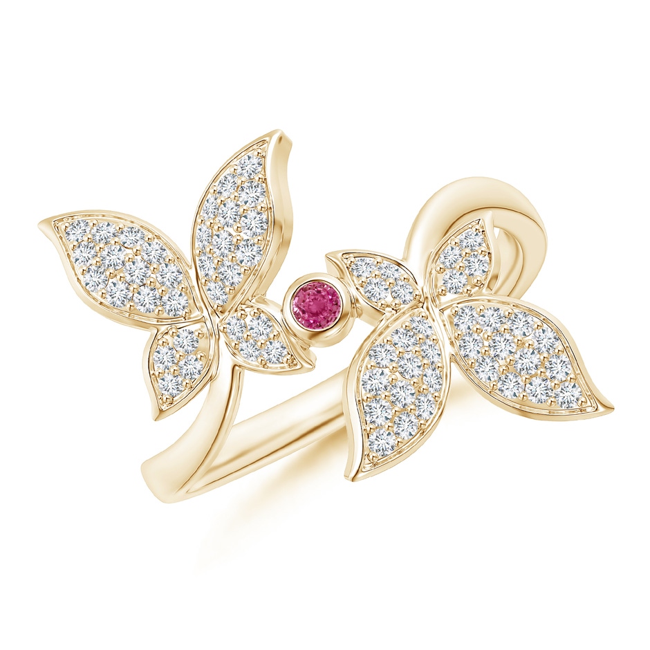 2mm AAAA Pink Sapphire and Diamond Double Butterfly Ring in Yellow Gold 