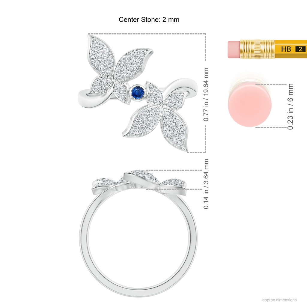 2mm AAA Sapphire and Diamond Double Butterfly Ring in White Gold Ruler