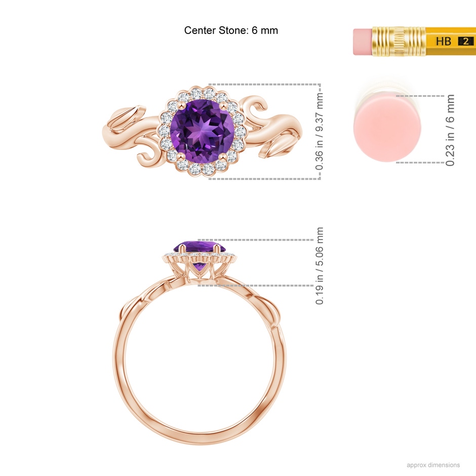 6mm AAAA Vintage Inspired Amethyst Flower and Vine Ring in Rose Gold ruler