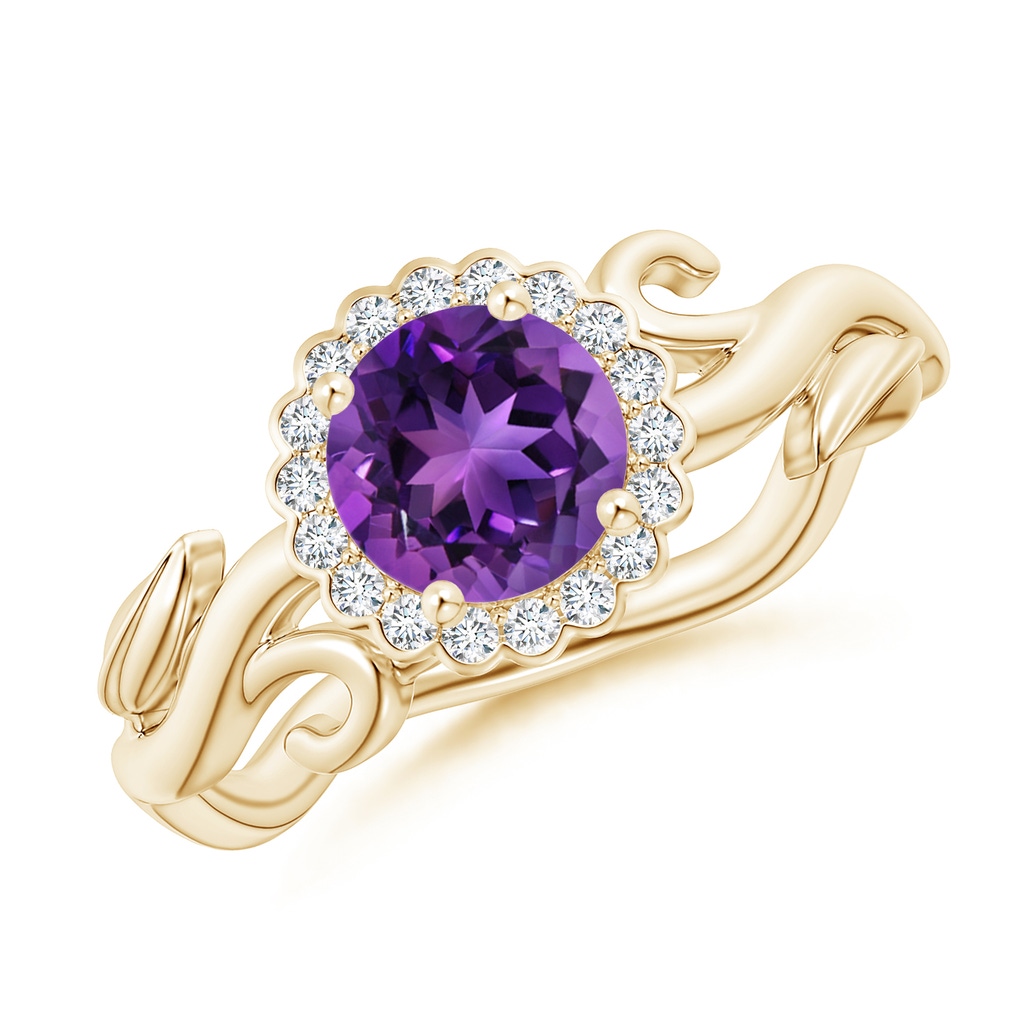 6mm AAAA Vintage Inspired Amethyst Flower and Vine Ring in Yellow Gold