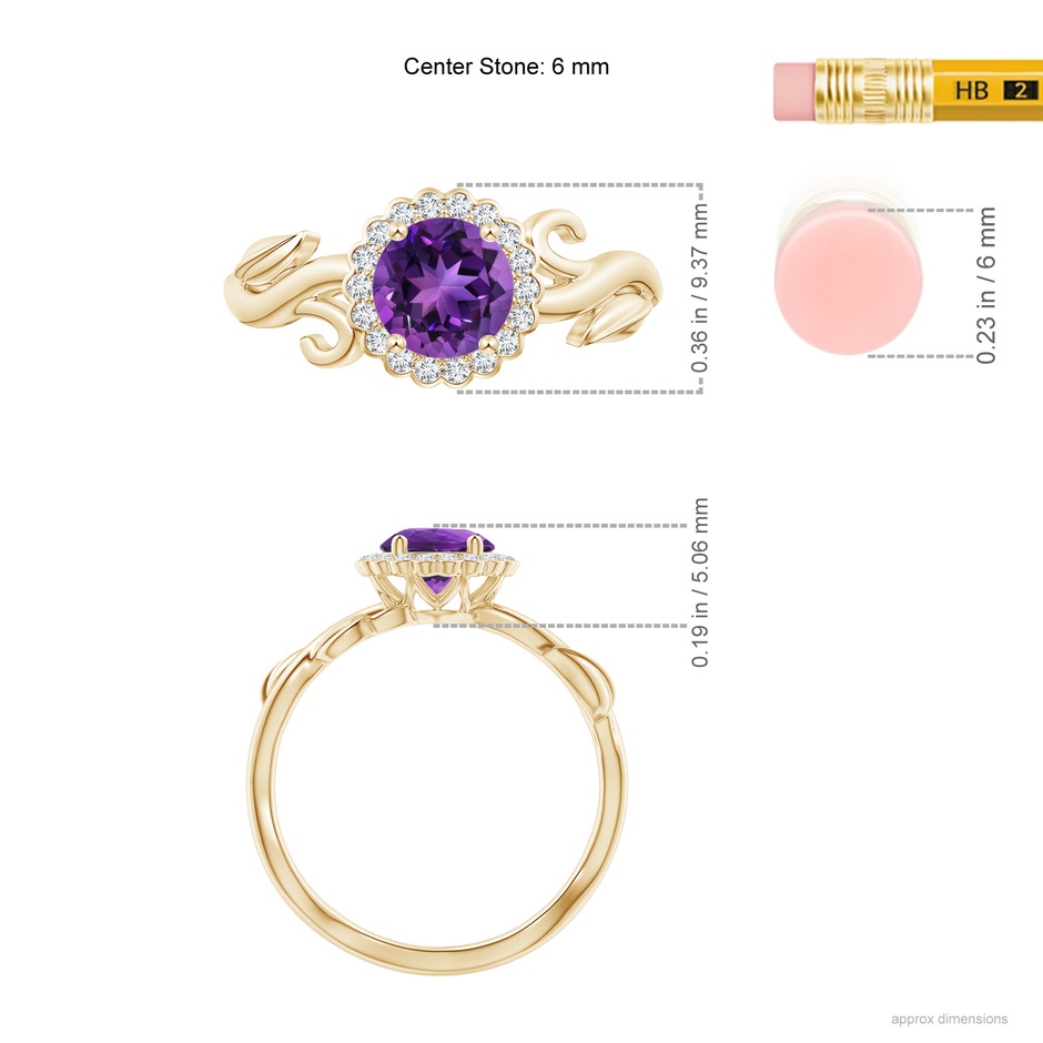 6mm AAAA Vintage Inspired Amethyst Flower and Vine Ring in Yellow Gold ruler