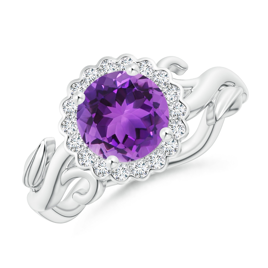 7mm AAA Vintage Inspired Amethyst Flower and Vine Ring in White Gold