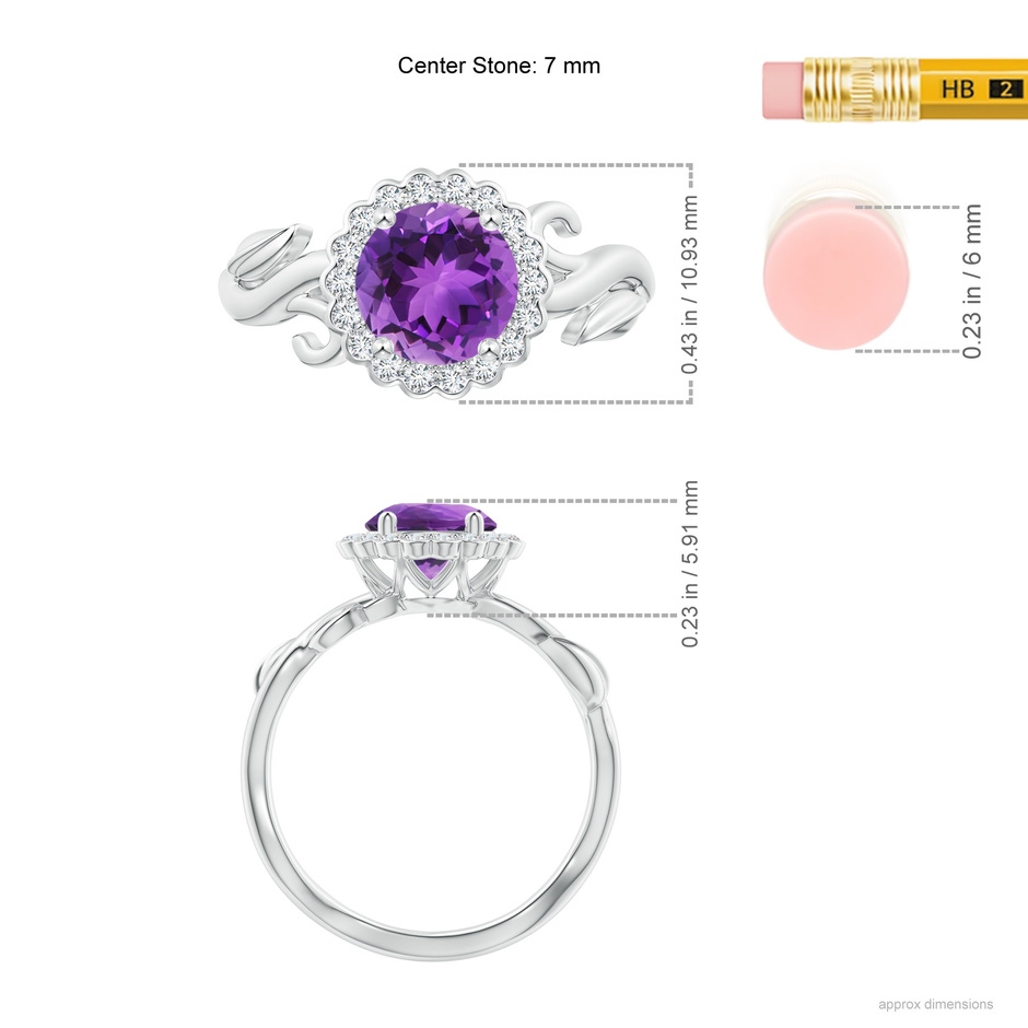 7mm AAA Vintage Inspired Amethyst Flower and Vine Ring in White Gold ruler