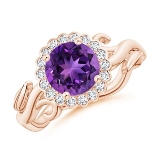 7mm AAAA Vintage Inspired Amethyst Flower and Vine Ring in Rose Gold