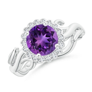 7mm AAAA Vintage Inspired Amethyst Flower and Vine Ring in White Gold
