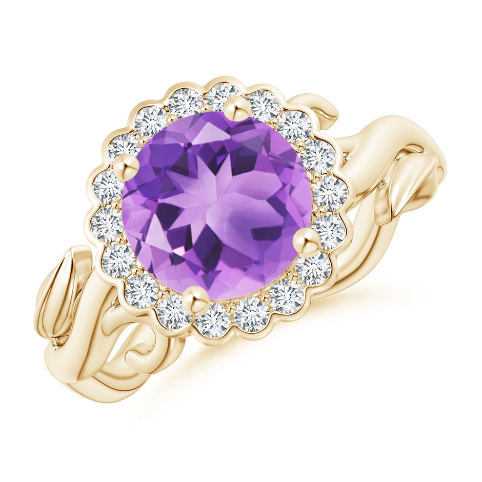 8mm A Vintage Inspired Amethyst Flower and Vine Ring in Yellow Gold 