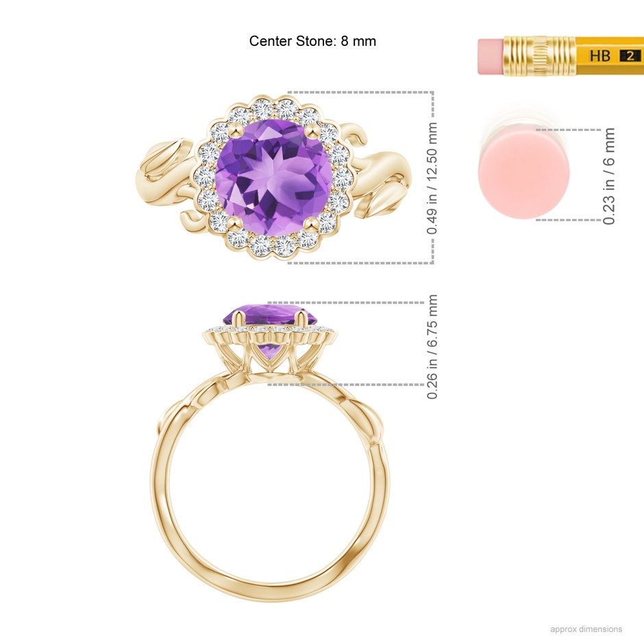 8mm A Vintage Inspired Amethyst Flower and Vine Ring in Yellow Gold ruler
