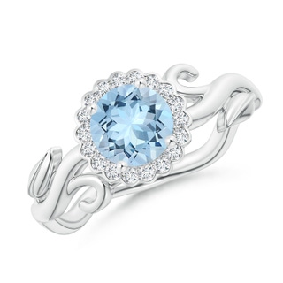 6mm AAA Vintage Inspired Aquamarine Flower and Vine Ring in White Gold