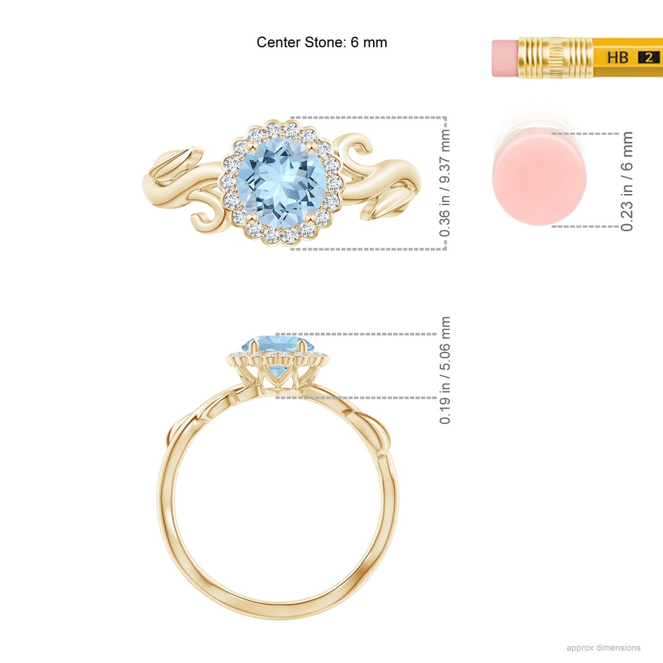 6mm AAA Vintage Inspired Aquamarine Flower and Vine Ring in Yellow Gold Ruler