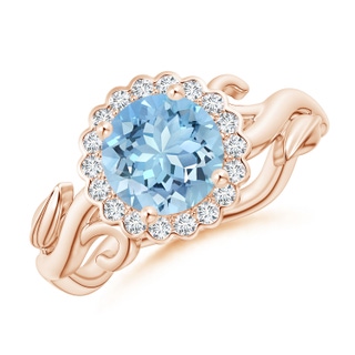 7mm AAAA Vintage Inspired Aquamarine Flower and Vine Ring in Rose Gold