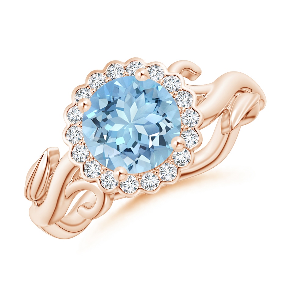 7mm AAAA Vintage Inspired Aquamarine Flower and Vine Ring in Rose Gold 