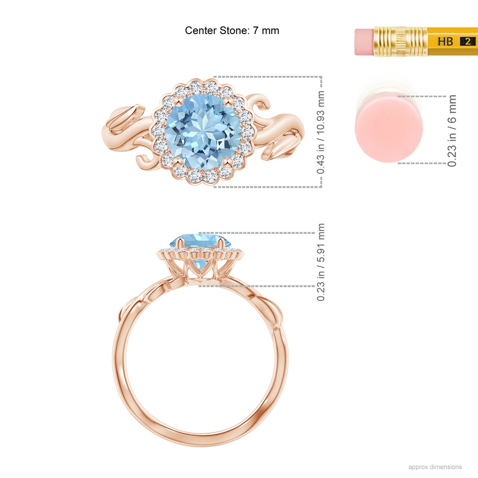 7mm AAAA Vintage Inspired Aquamarine Flower and Vine Ring in Rose Gold Ruler