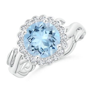 8mm AAA Vintage Inspired Aquamarine Flower and Vine Ring in White Gold