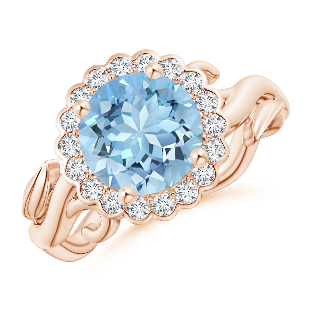 8mm AAAA Vintage Inspired Aquamarine Flower and Vine Ring in Rose Gold