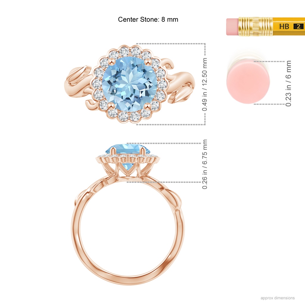 8mm AAAA Vintage Inspired Aquamarine Flower and Vine Ring in Rose Gold Ruler