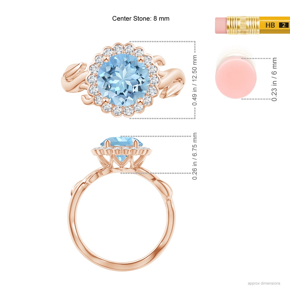 8mm AAAA Vintage Inspired Aquamarine Flower and Vine Ring in Rose Gold ruler