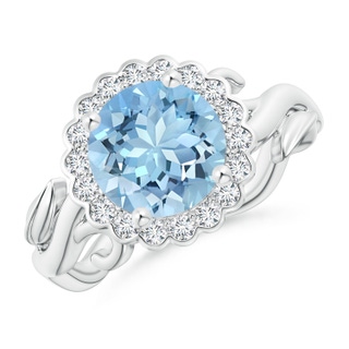 8mm AAAA Vintage Inspired Aquamarine Flower and Vine Ring in White Gold