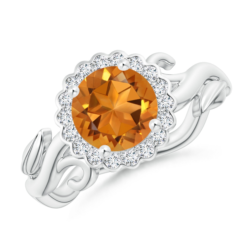 7mm AAA Vintage Inspired Citrine Flower and Vine Ring in White Gold