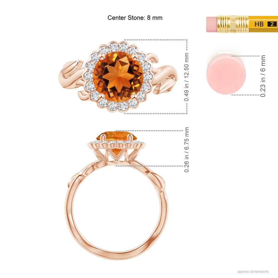 8mm AAAA Vintage Inspired Citrine Flower and Vine Ring in Rose Gold ruler