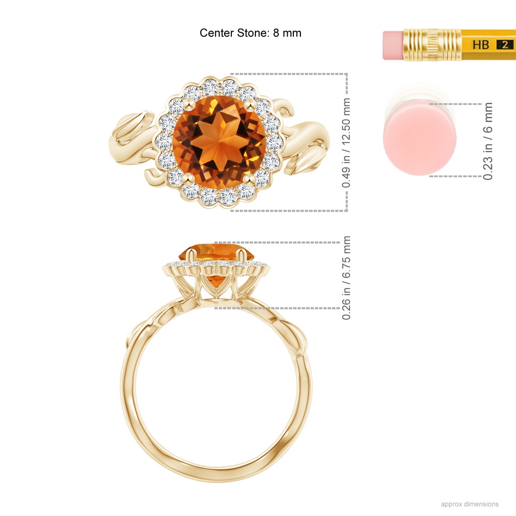 8mm AAAA Vintage Inspired Citrine Flower and Vine Ring in Yellow Gold Ruler