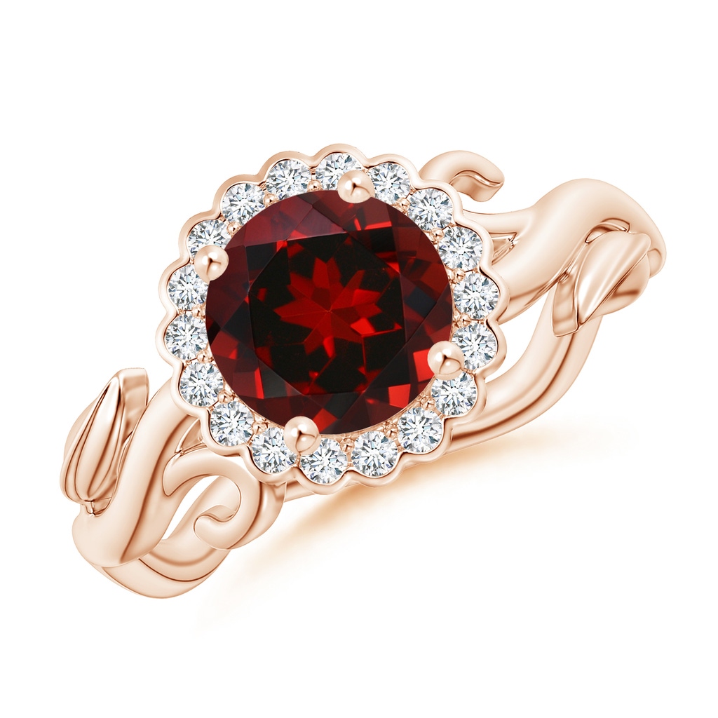 7mm AAAA Vintage Inspired Garnet Flower and Vine Ring in Rose Gold