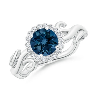 6mm AAAA Vintage Inspired London Blue Topaz Flower and Vine Ring in White Gold