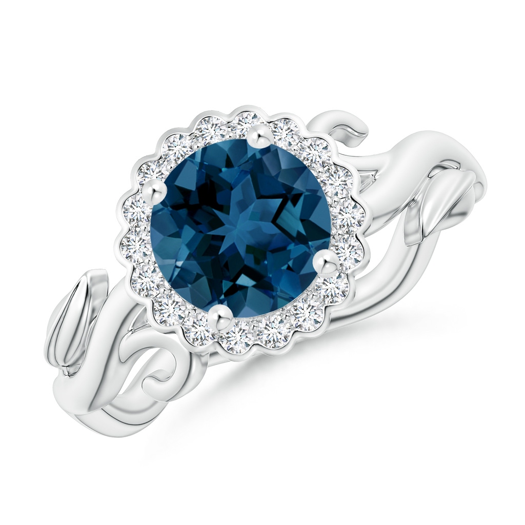 7mm AAA Vintage Inspired London Blue Topaz Flower and Vine Ring in White Gold