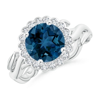 8mm AAA Vintage Inspired London Blue Topaz Flower and Vine Ring in White Gold