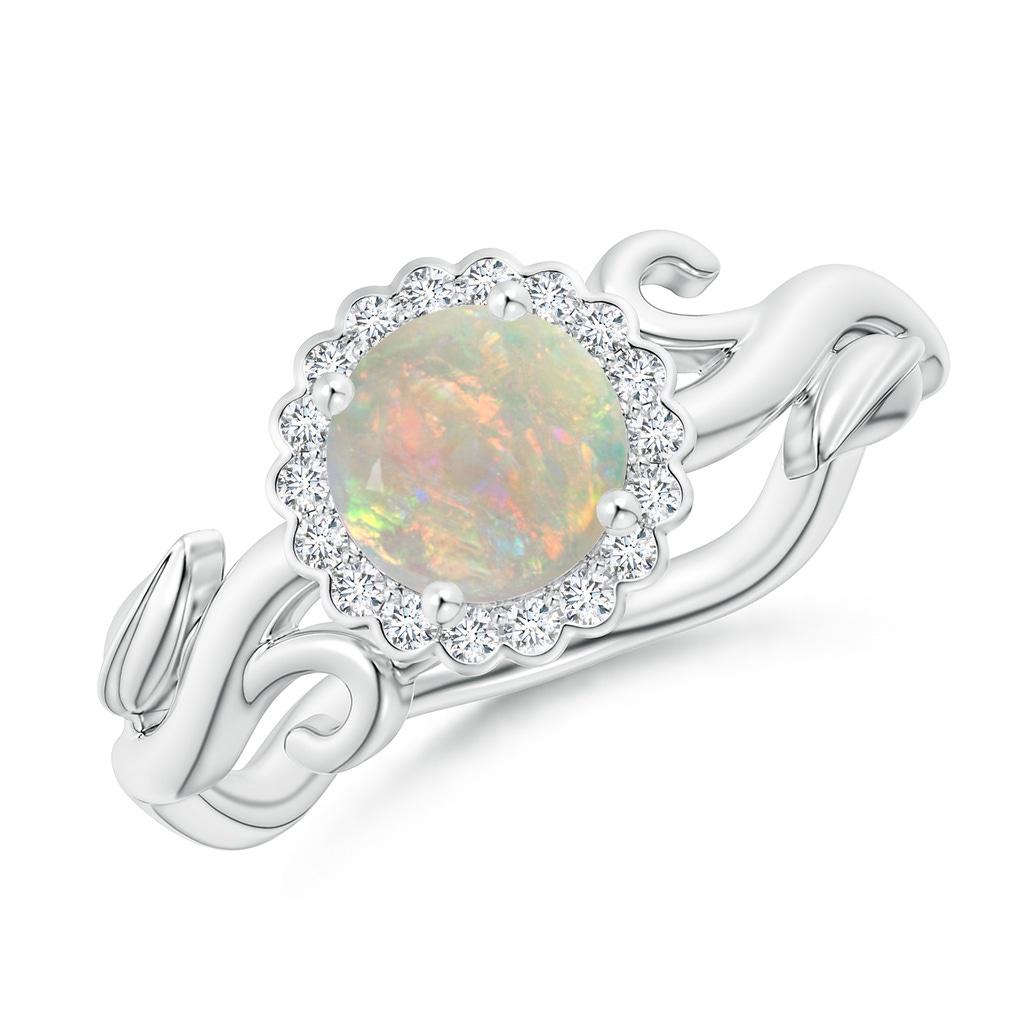 6mm AAAA Vintage Inspired Opal Flower and Vine Ring in White Gold