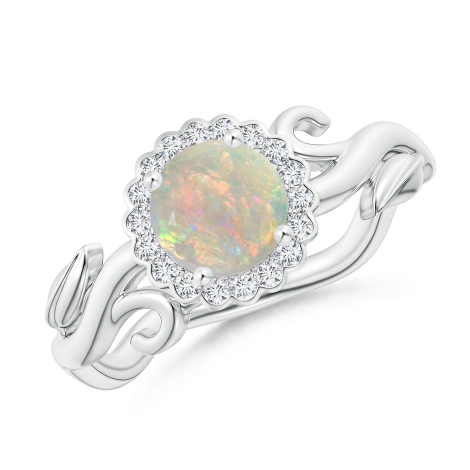 6mm AAAA Vintage Inspired Opal Flower and Vine Ring in White Gold 