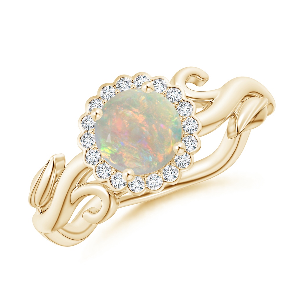 6mm AAAA Vintage Inspired Opal Flower and Vine Ring in Yellow Gold