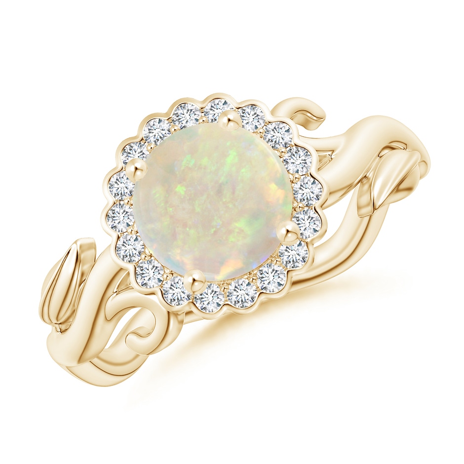 7mm AAA Vintage Inspired Opal Flower and Vine Ring in Yellow Gold 