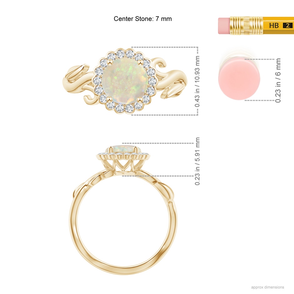 7mm AAA Vintage Inspired Opal Flower and Vine Ring in Yellow Gold ruler
