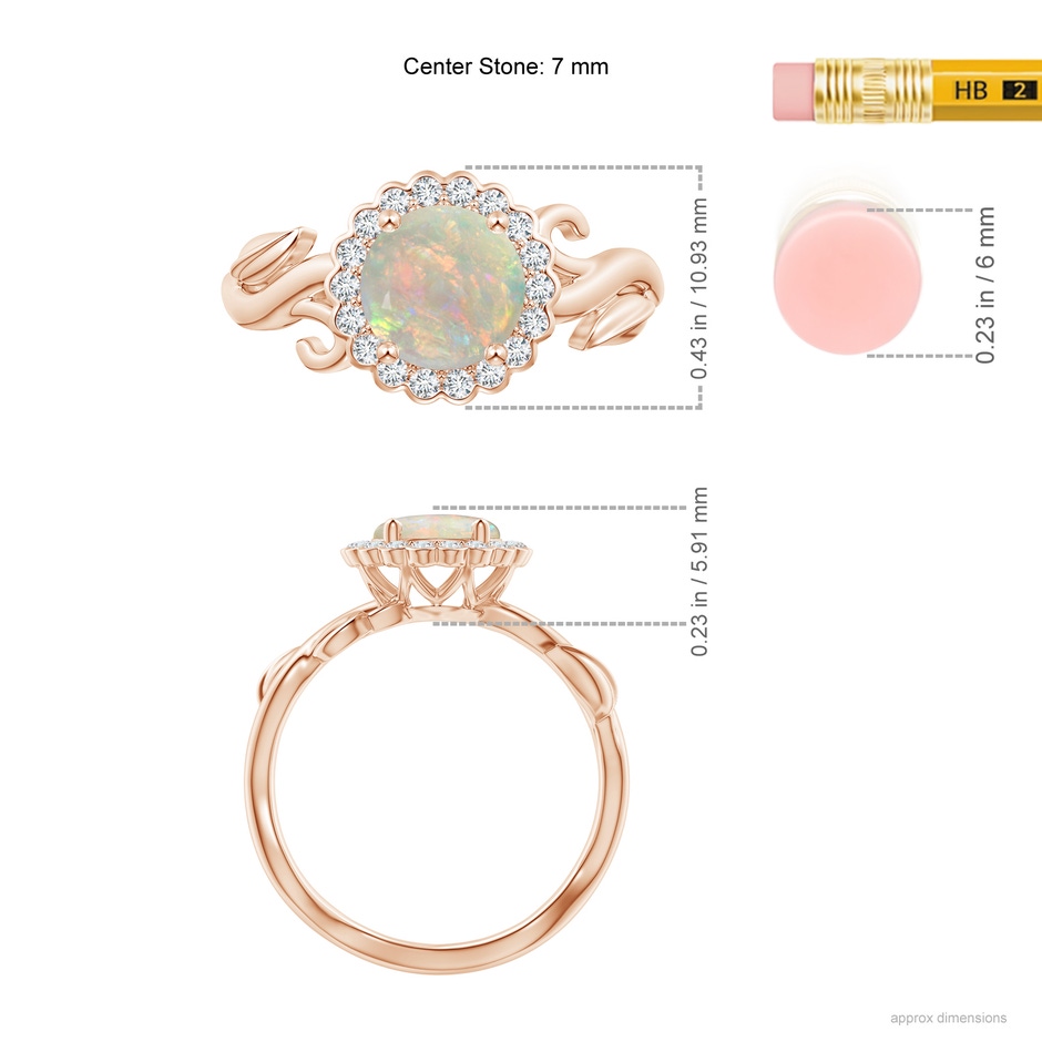 7mm AAAA Vintage Inspired Opal Flower and Vine Ring in Rose Gold ruler