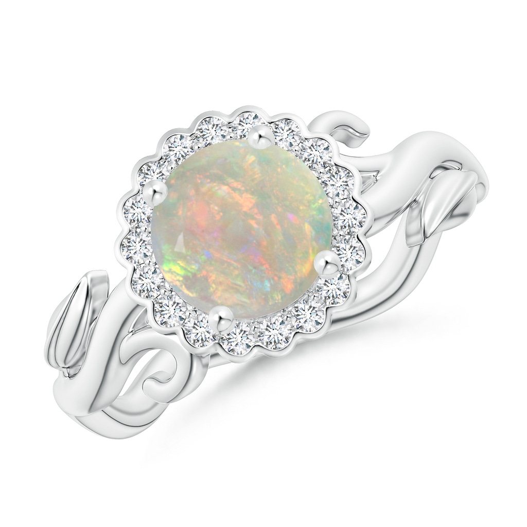 7mm AAAA Vintage Inspired Opal Flower and Vine Ring in White Gold