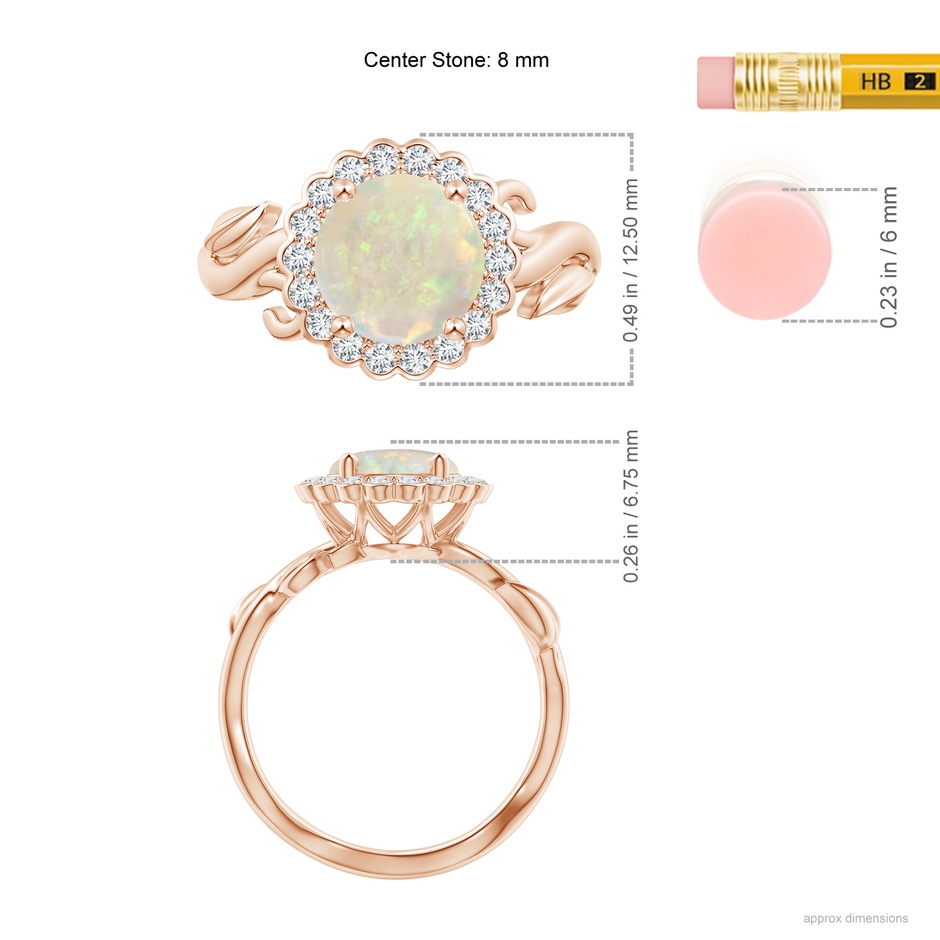 8mm AAA Vintage Inspired Opal Flower and Vine Ring in Rose Gold ruler