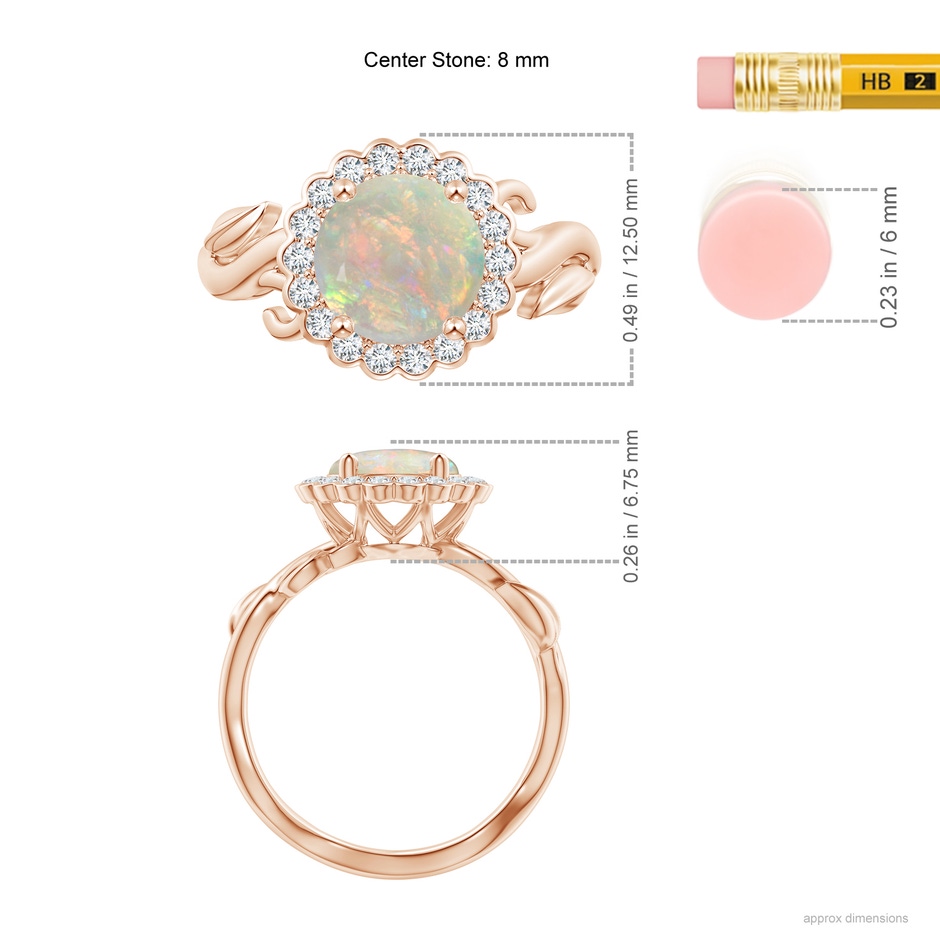 8mm AAAA Vintage Inspired Opal Flower and Vine Ring in Rose Gold ruler