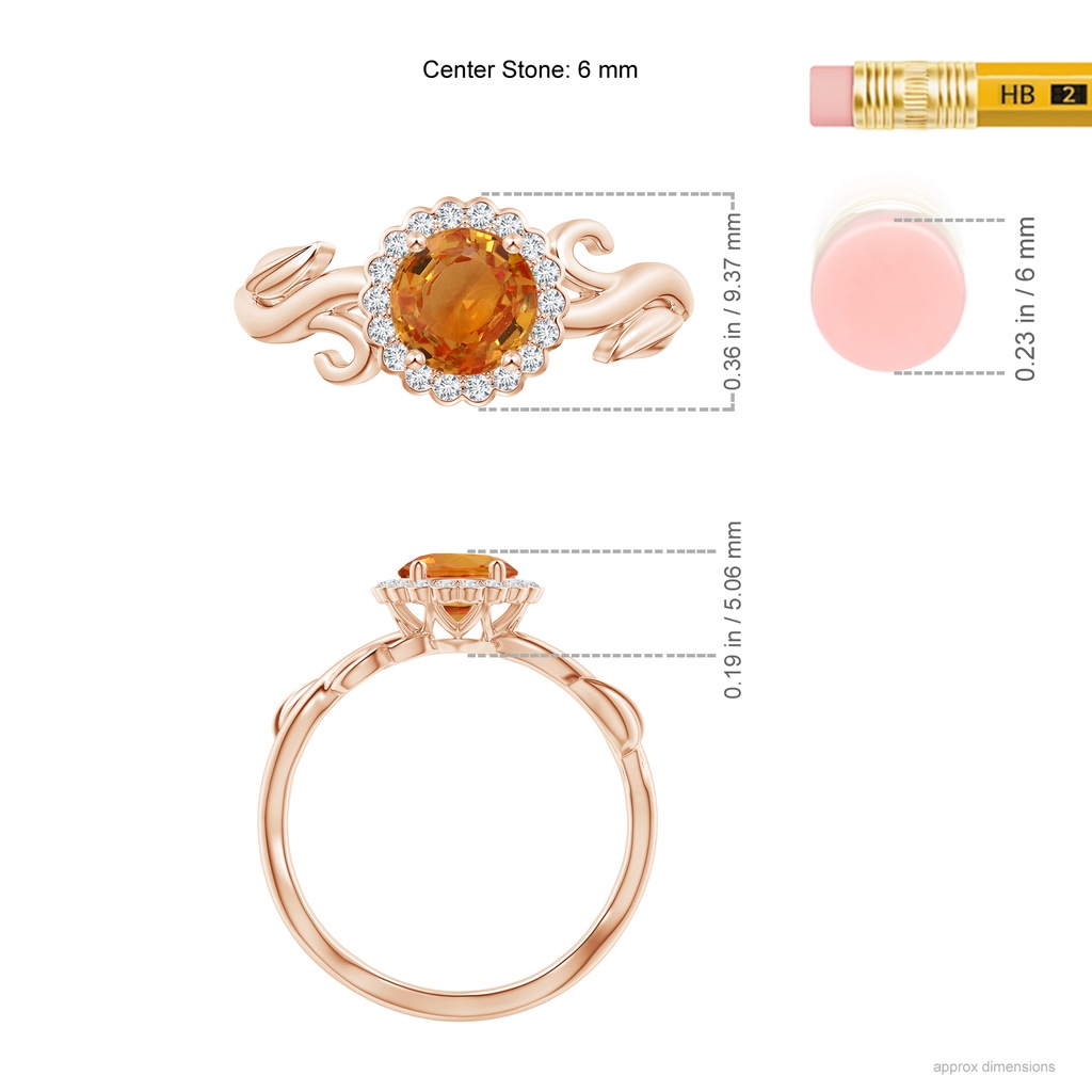 6mm AAA Vintage Inspired Orange Sapphire Flower and Vine Ring in Rose Gold Ruler