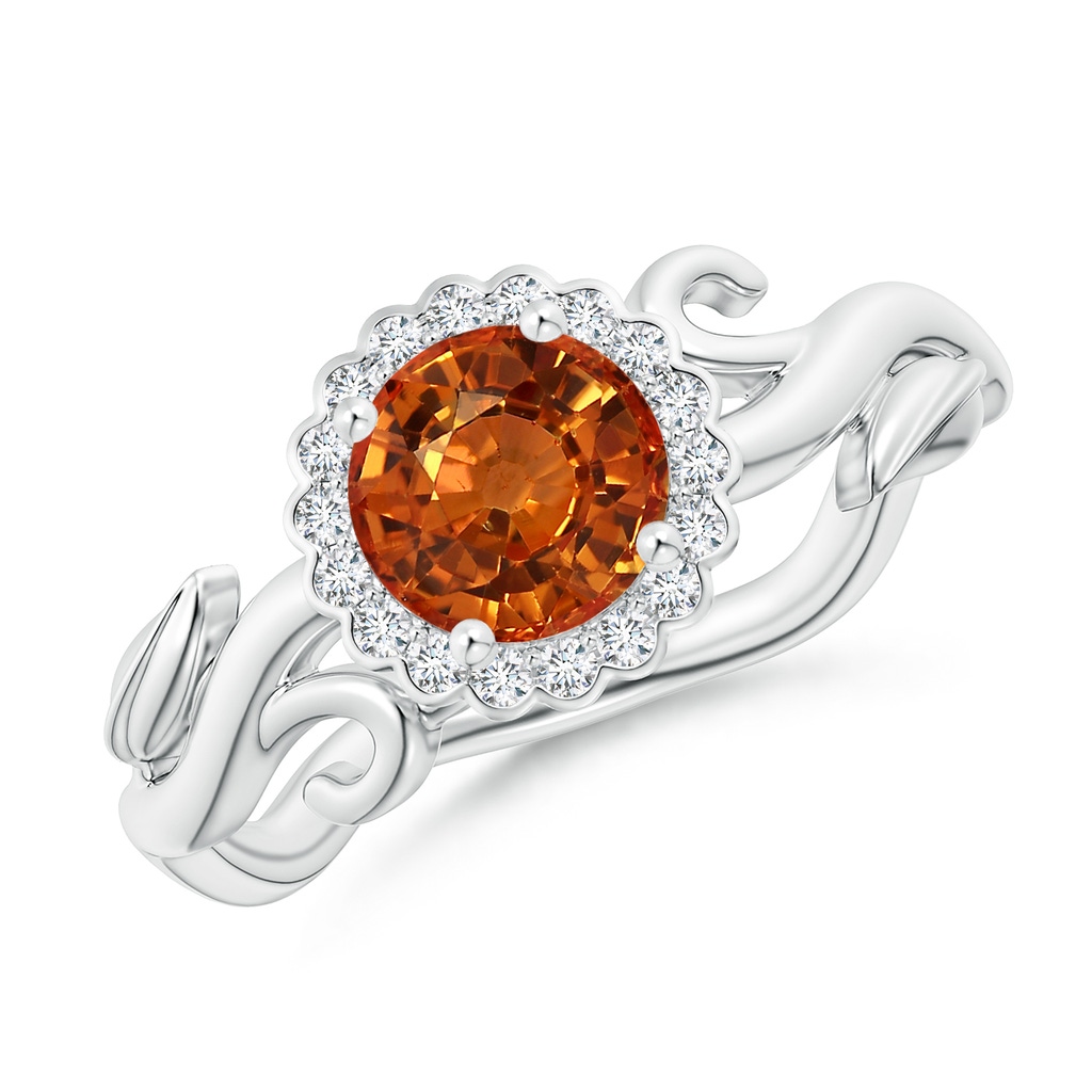 6mm AAAA Vintage Inspired Orange Sapphire Flower and Vine Ring in White Gold