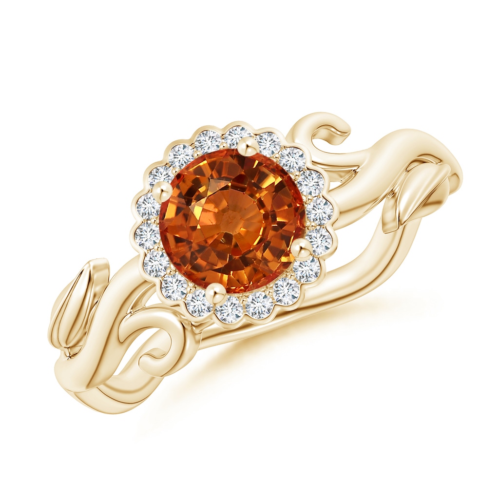 6mm AAAA Vintage Inspired Orange Sapphire Flower and Vine Ring in Yellow Gold